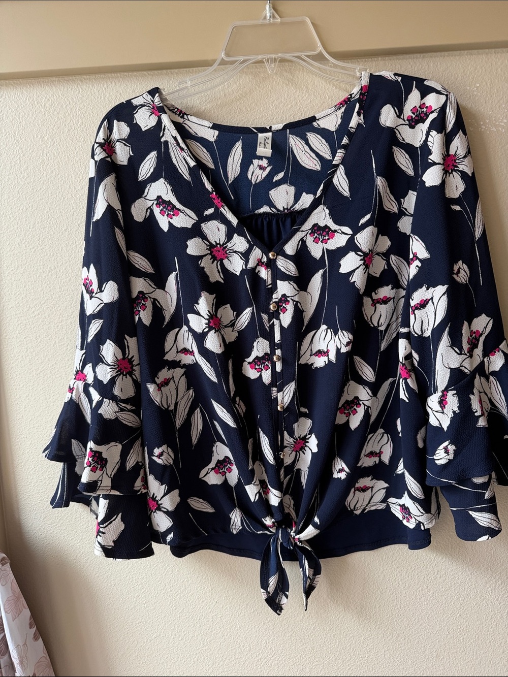 Women’s Navy Floral Tie-Front Blouse